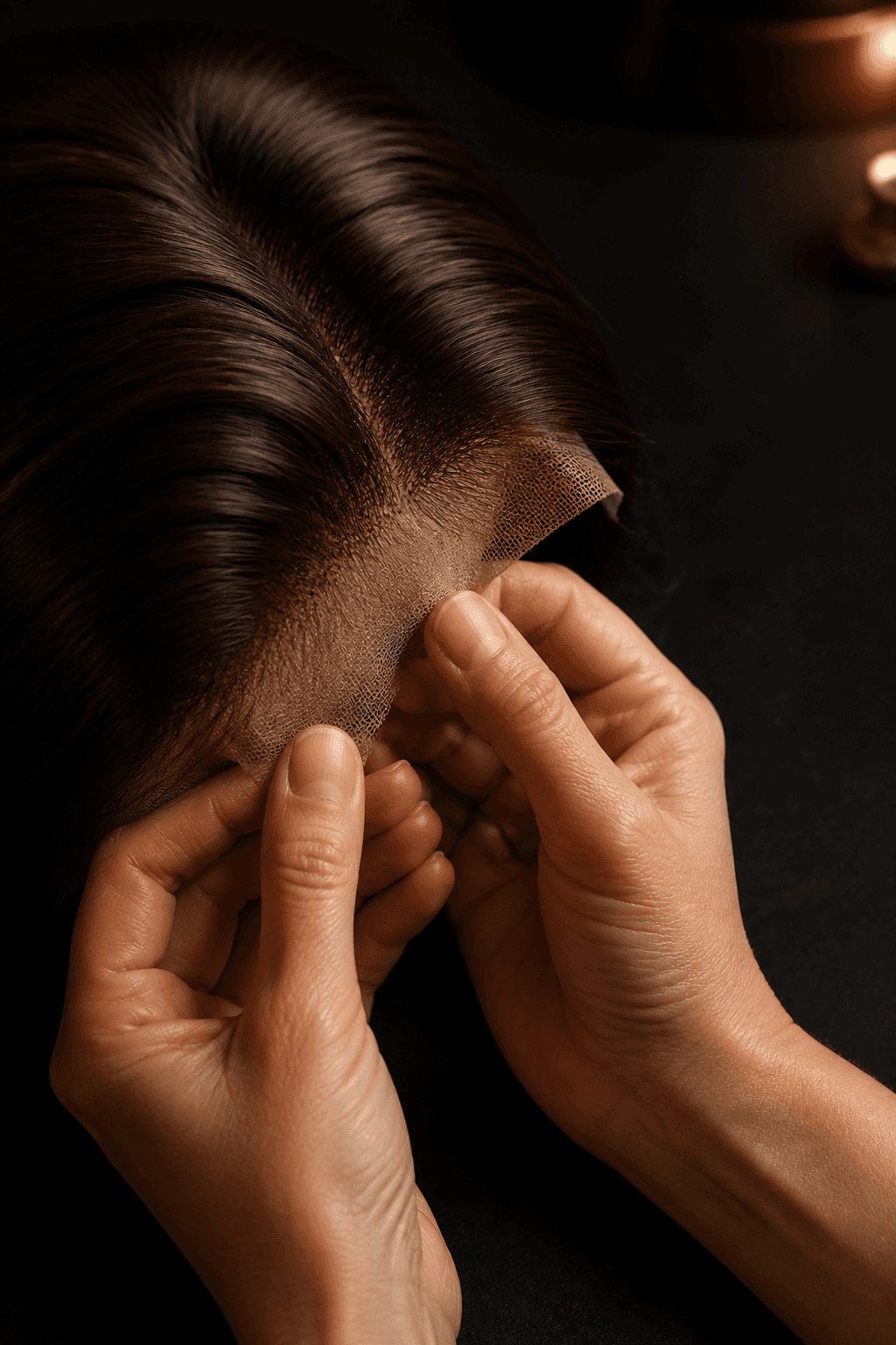 Detalle artesanal de una peluca lace front premium